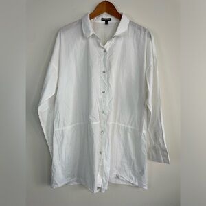 Eileen Fisher Sz L Organic Cotton Button Up Tunic White Shirt Minimalist Stretch